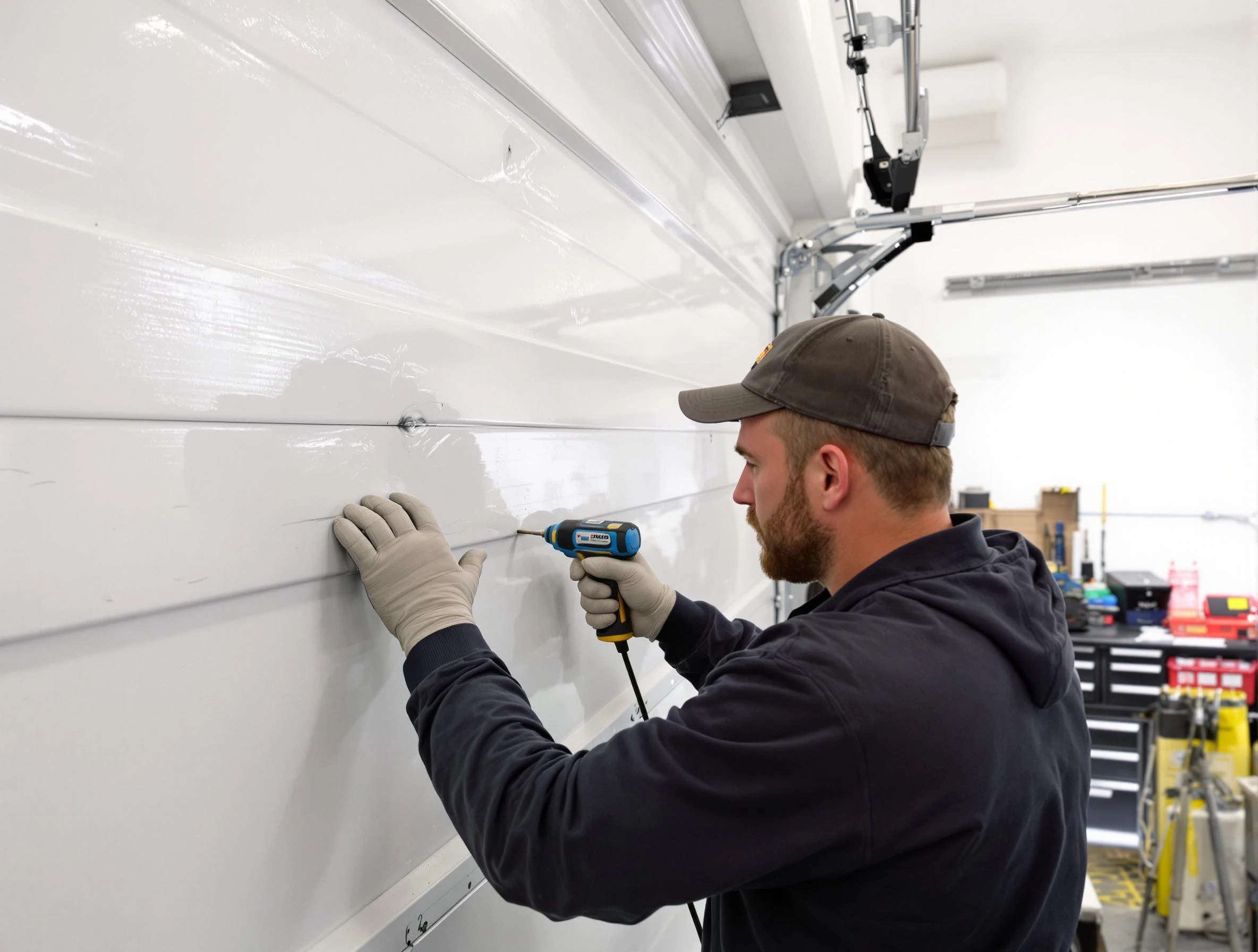 Panthersville Garage Door Repair technician demonstrating precision dent removal techniques on a Panthersville garage door